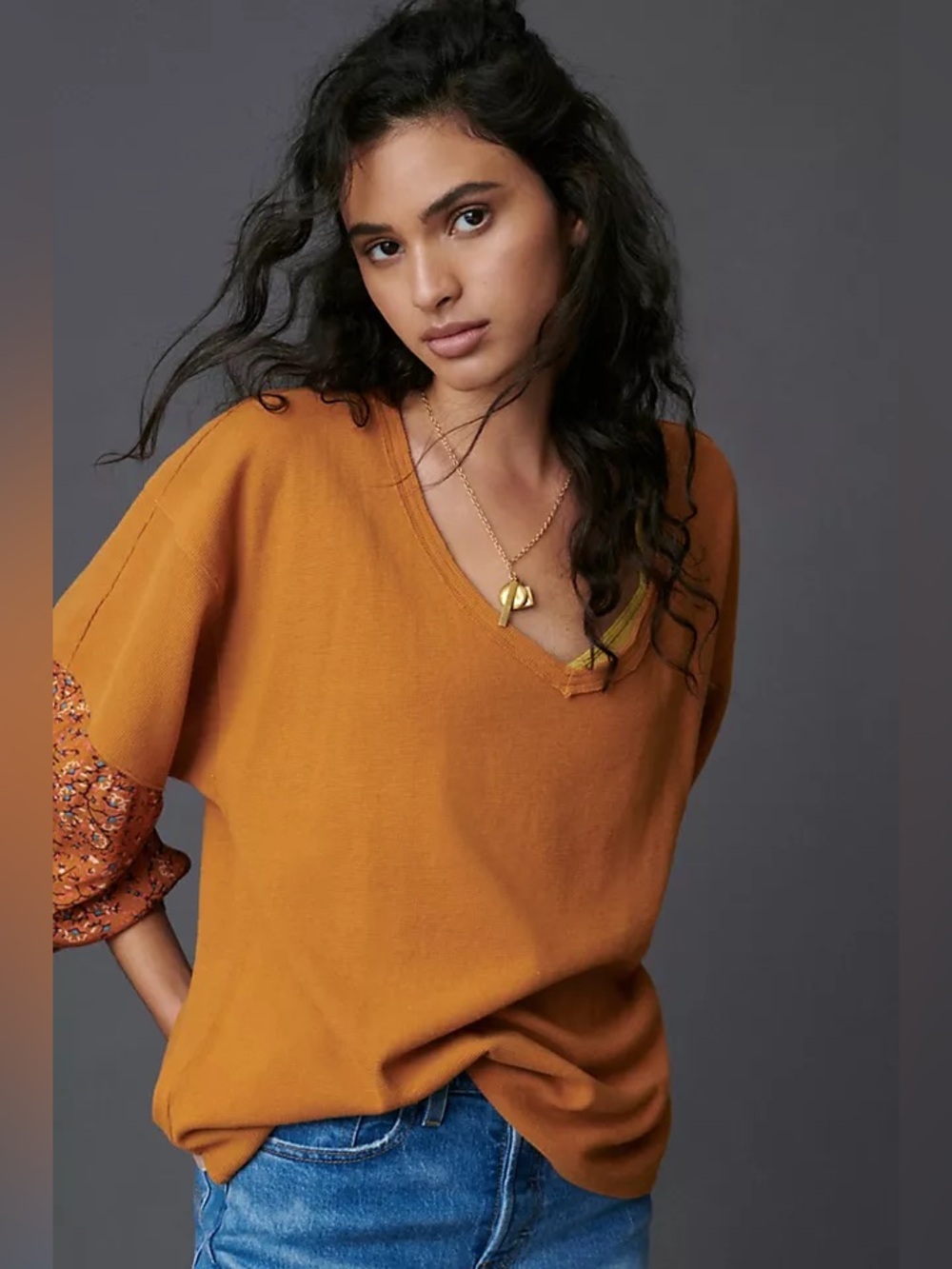 ANTHROPOLOGIE NWOT Annette Mustard Yellow Floral Sleeve Top Sz M Boho Oversized